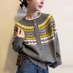 欧货女装 新款 毛衣外套潮 女欧洲站2025冬装 费尔岛提花羊毛针织开衫