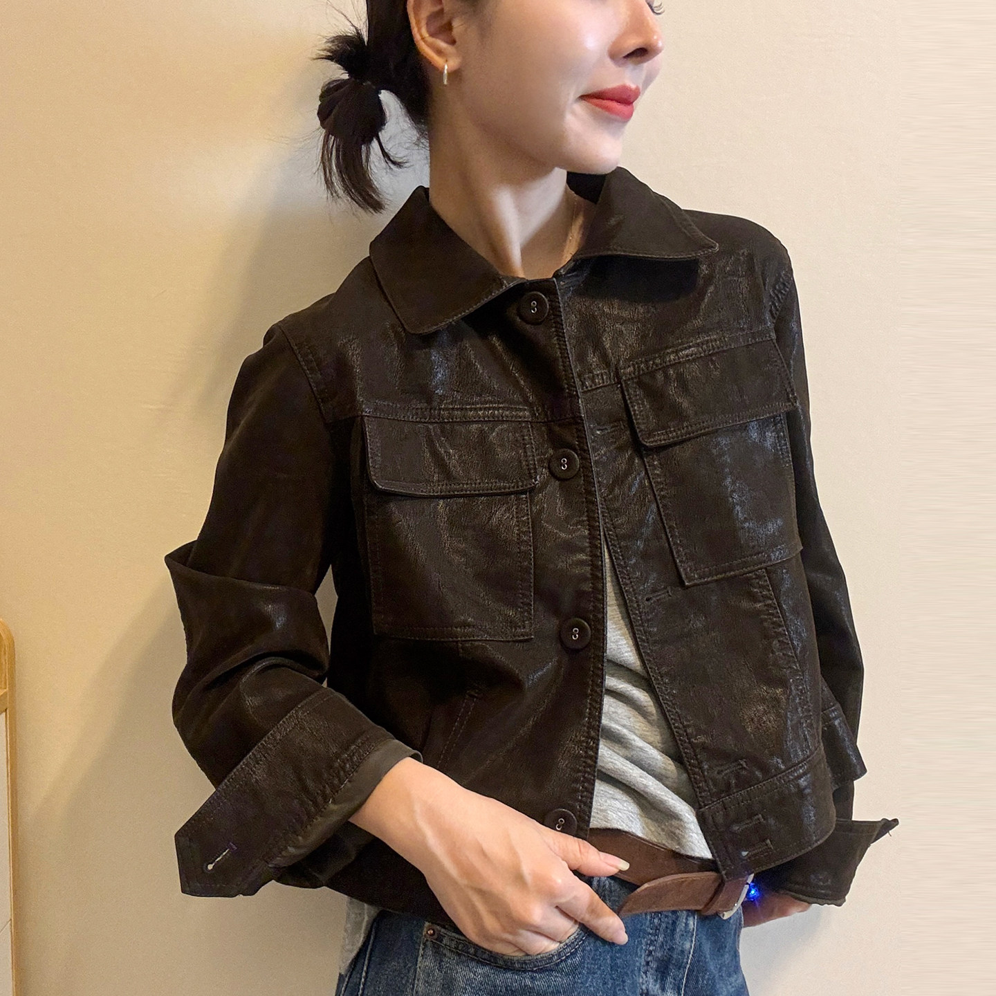 复古翻领蛋白皮PU皮衣外套女欧货