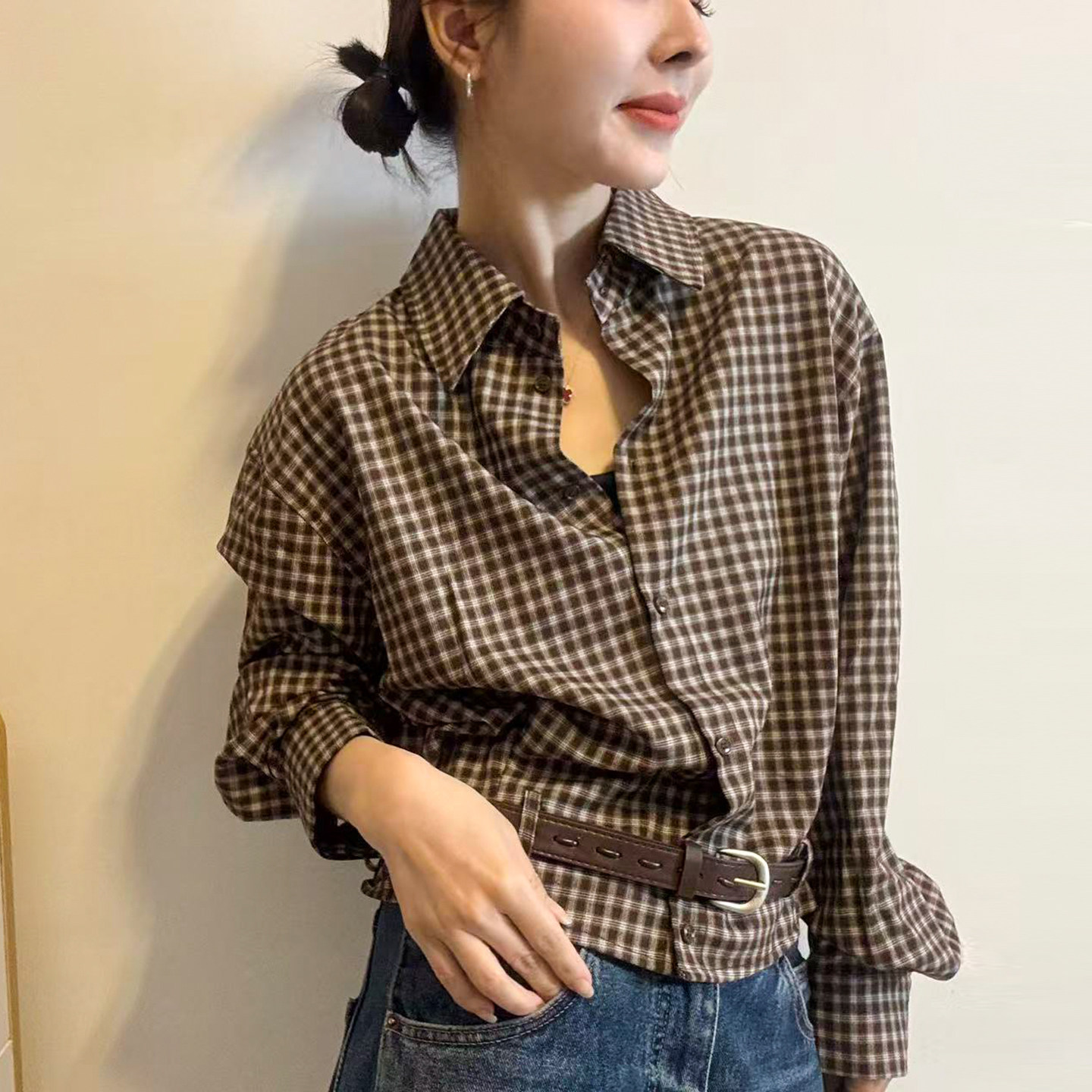 配腰带POLO领格子衬衫女欧货上衣