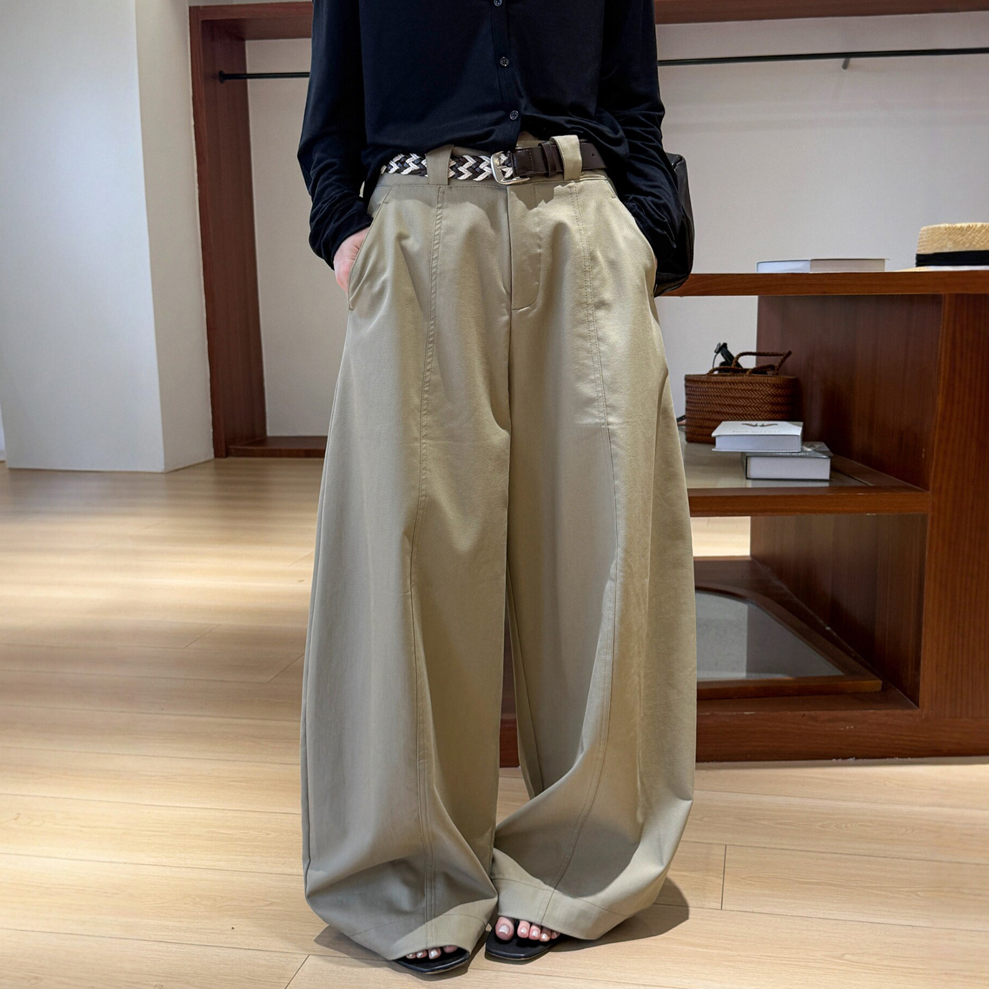 编织腰带拖地西装阔腿裤女欧洲站