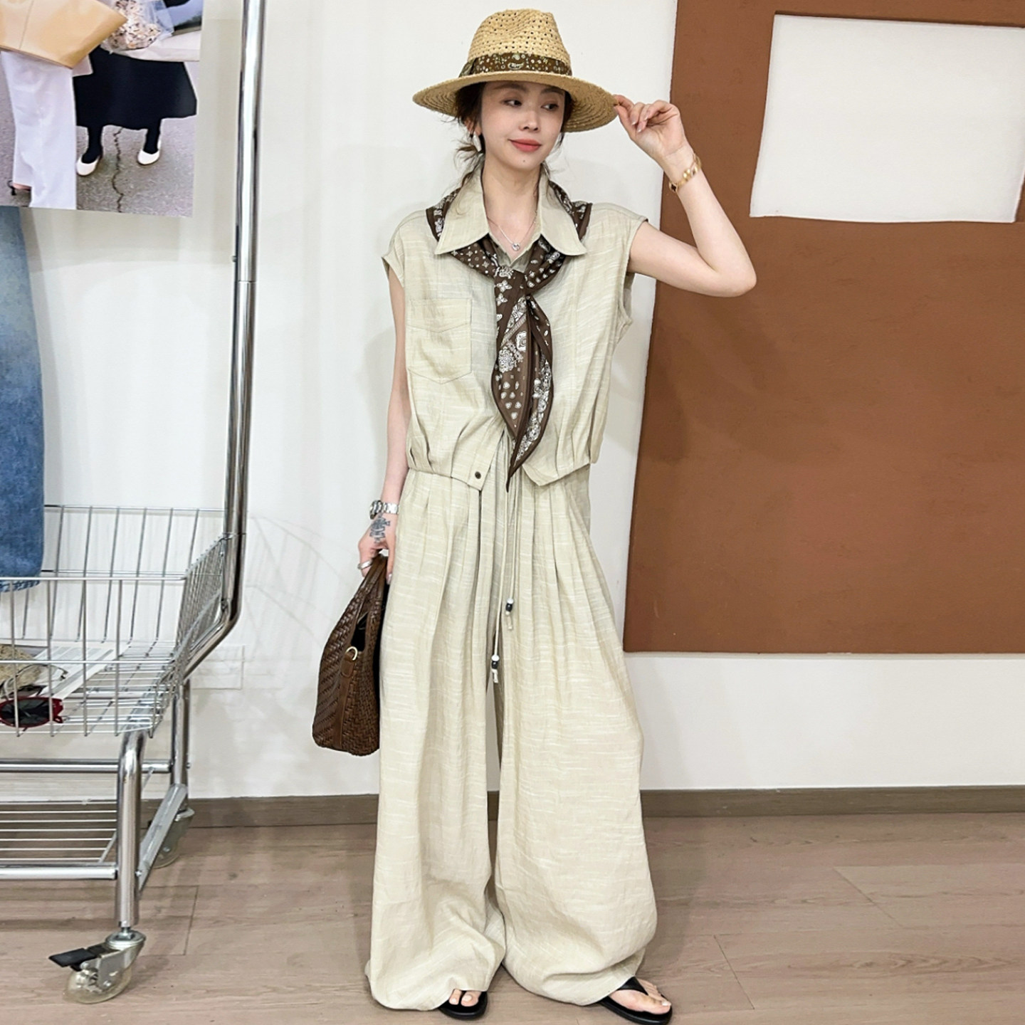 配丝巾POLO领衬衫阔腿裤两件套装女欧洲站2026夏装新款欧货女装潮