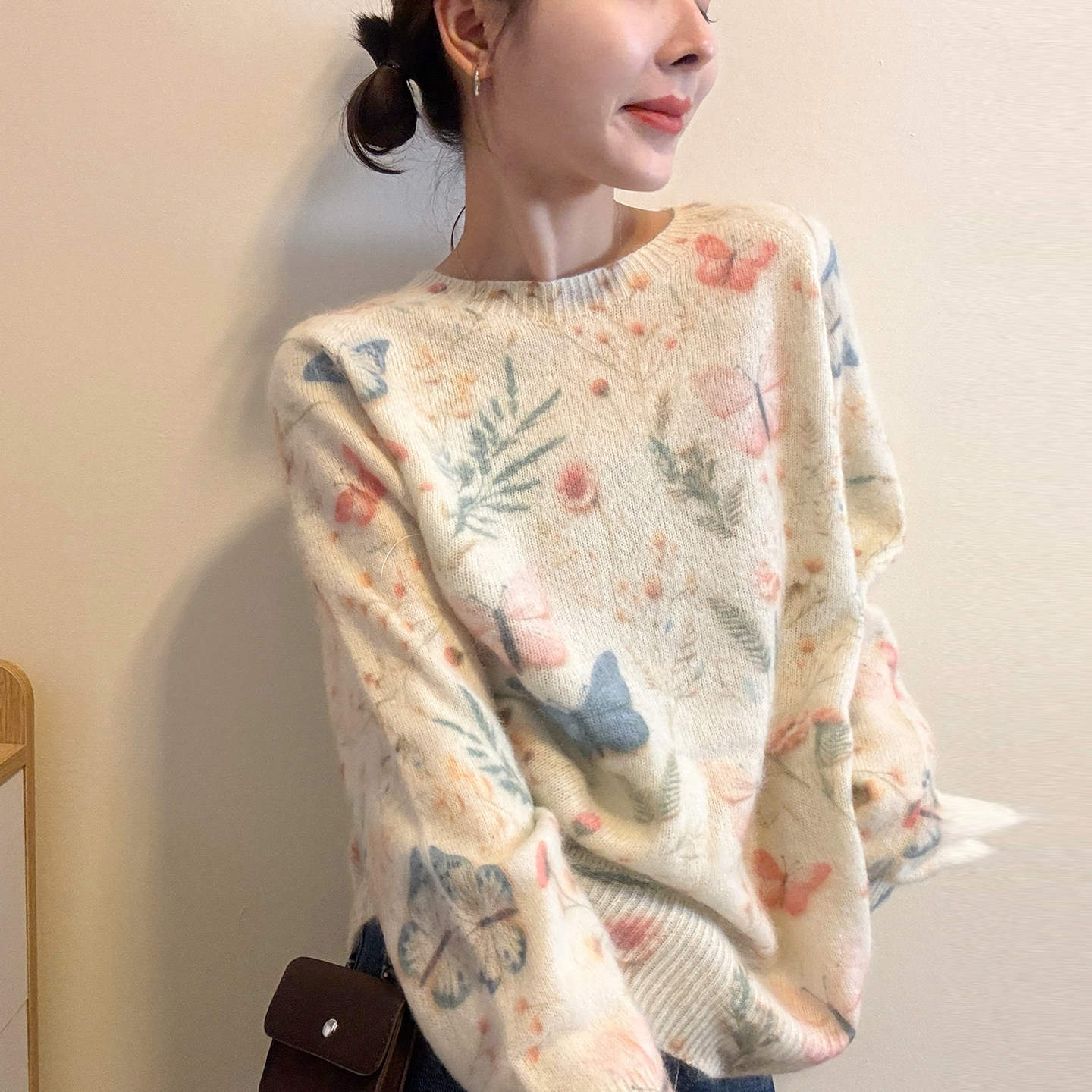 蝴蝶印花羊毛针织衫女欧洲站毛衣