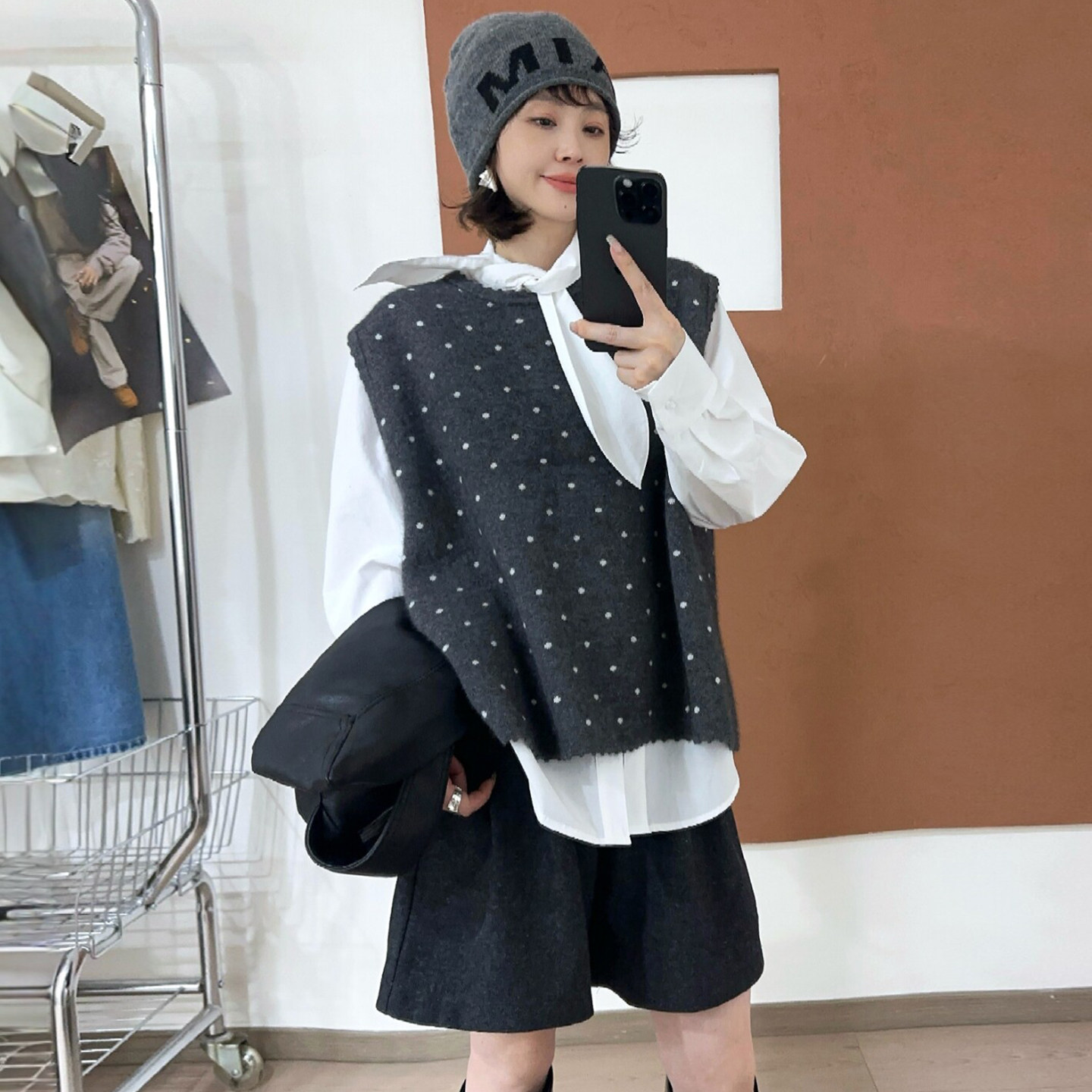 撞色波点羊绒针织马甲背心女欧货