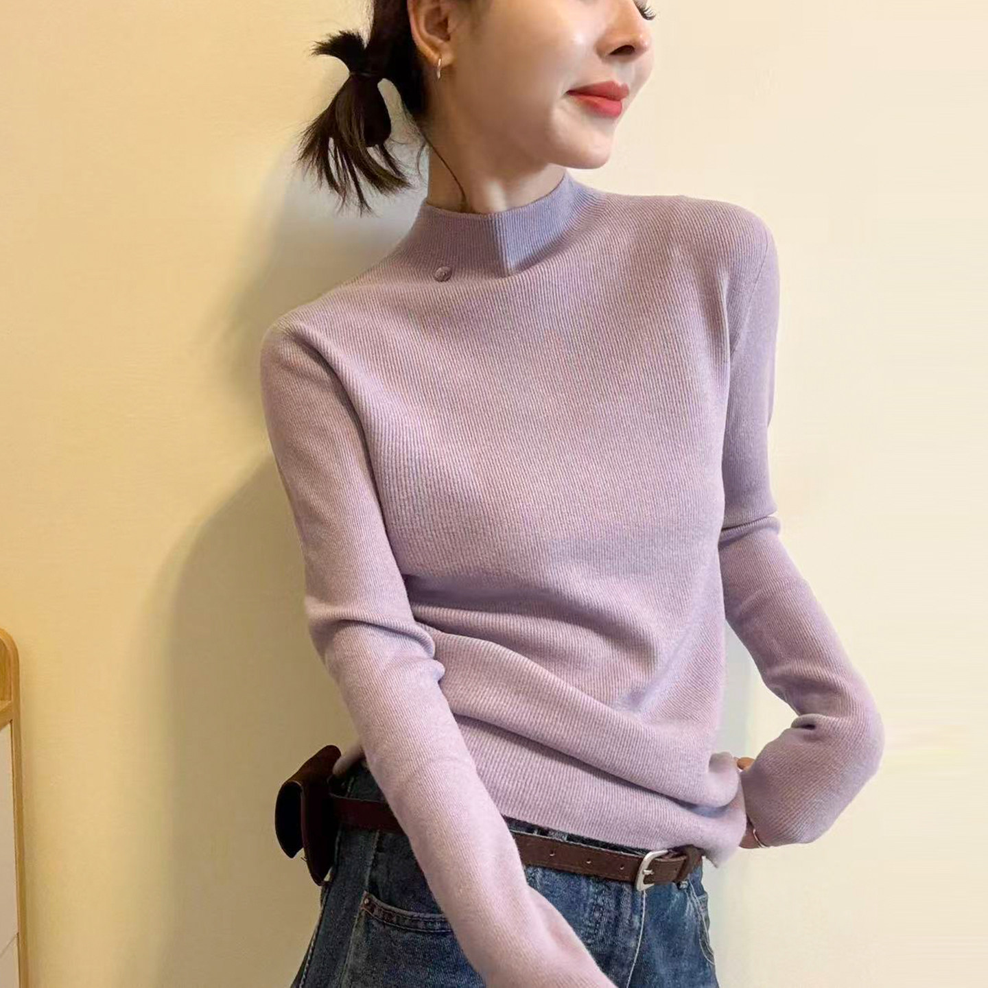 贝壳扣半高领羊毛针织衫女欧洲站