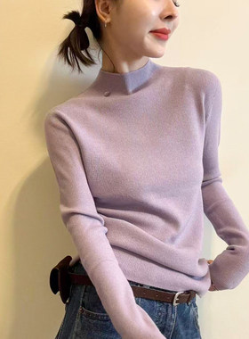 贝壳扣半高领羊毛针织衫女欧洲站