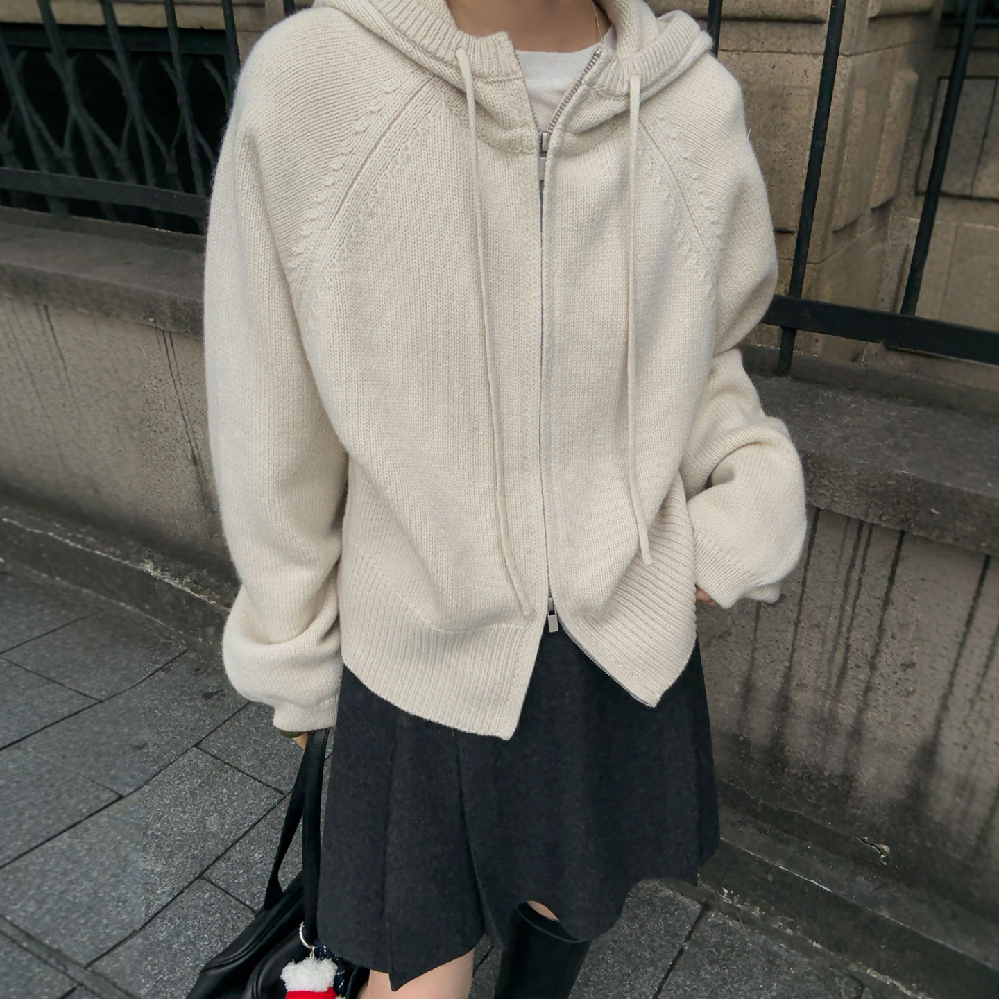 抽绳连帽羊绒针织开衫女欧货外套