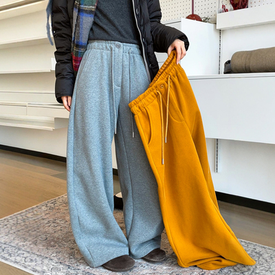 拖地系带加绒阔腿卫裤女欧货裤子
