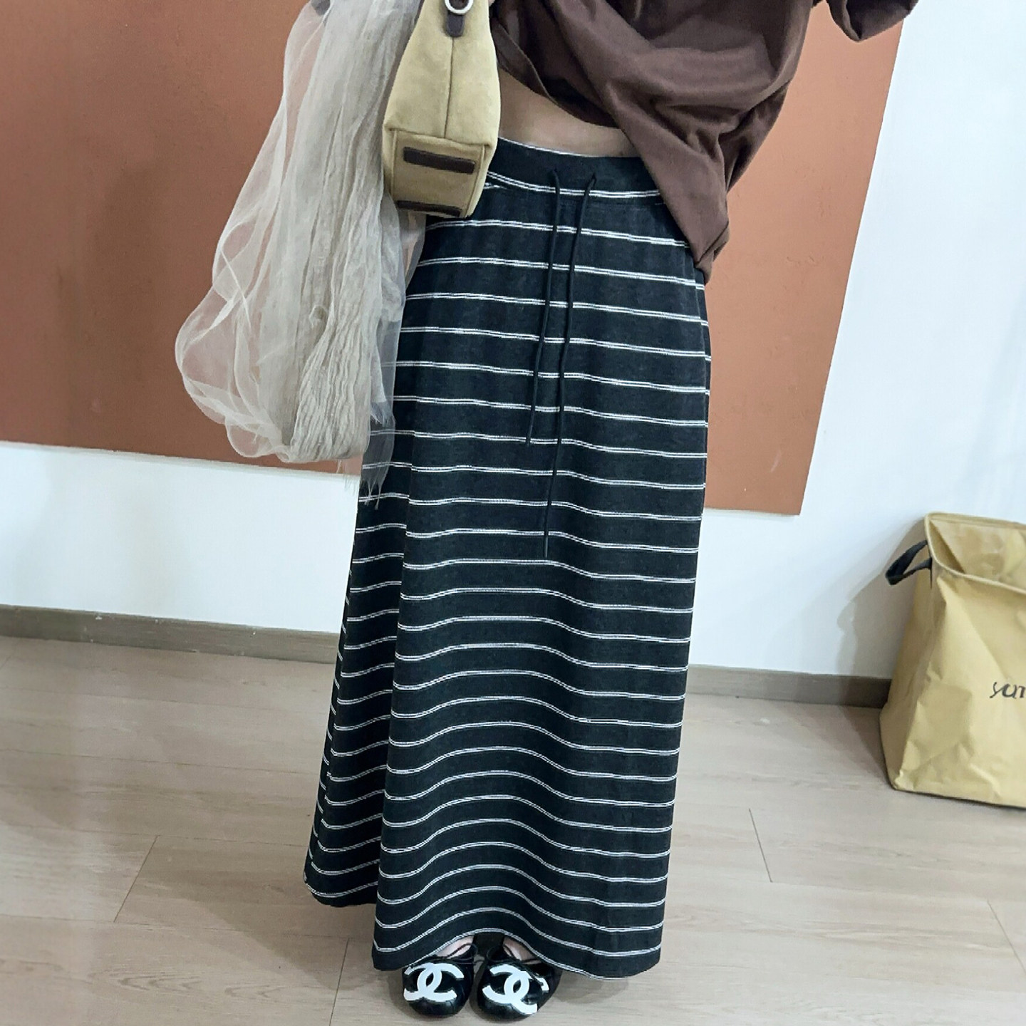 撞色条纹A字半身裙女欧洲站裙子