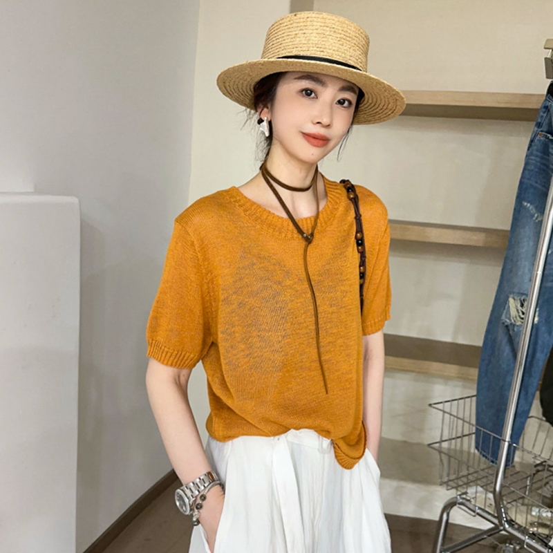 泡泡袖亚麻冰丝针织衫女欧洲站2025夏装新款欧货女装短袖打底衫潮