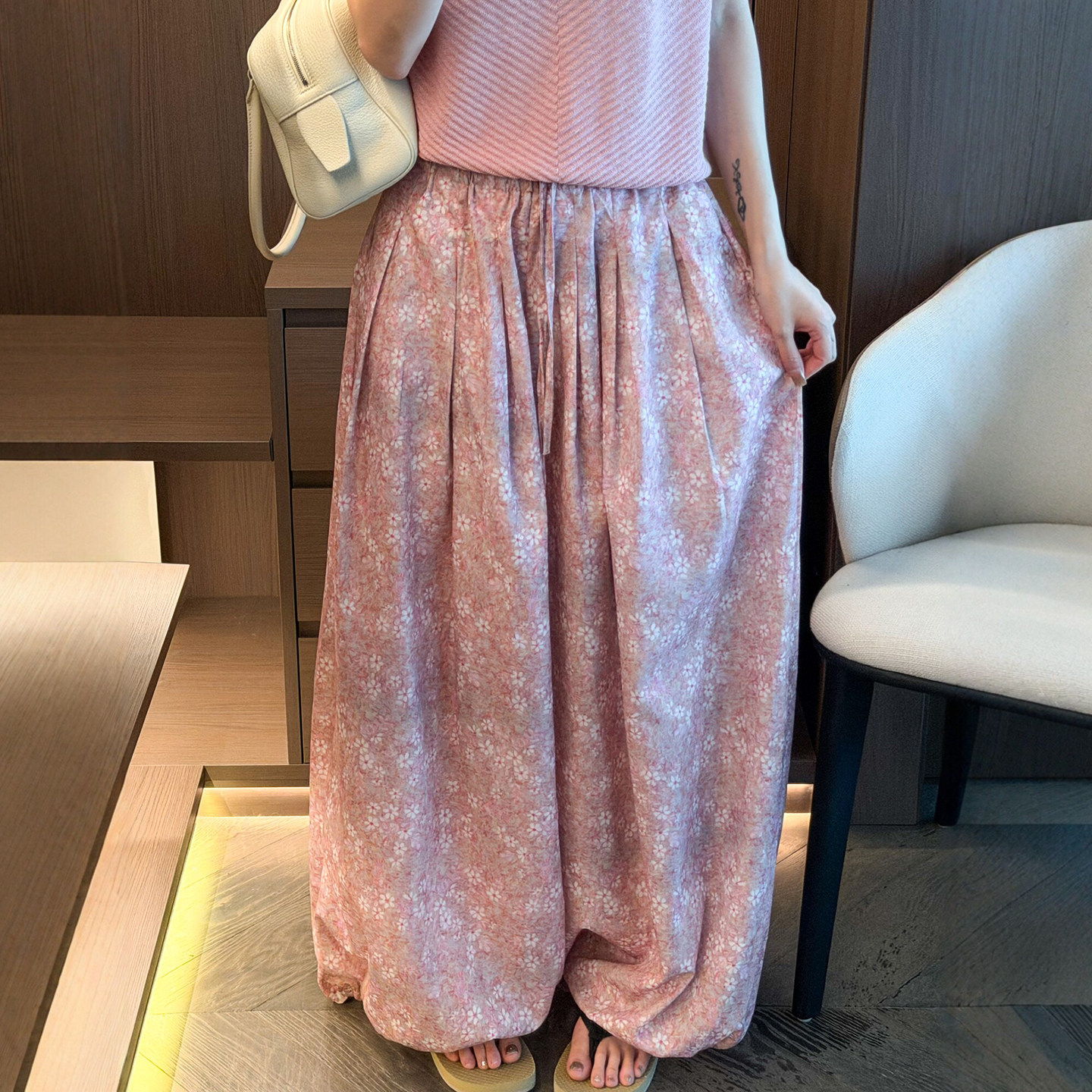 抽绳系带碎花直筒阔腿裤女欧洲站