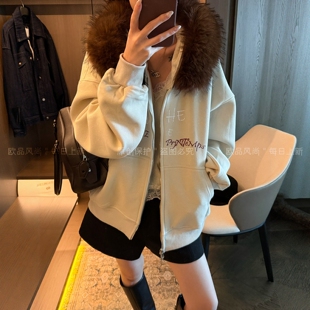 配毛领字母印花加绒卫衣开衫外套女欧洲站2026秋季新款欧货女装潮