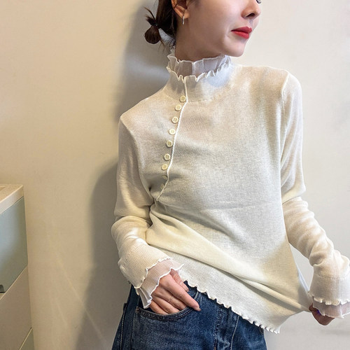 双层木耳边高领羊毛针织衫女欧货