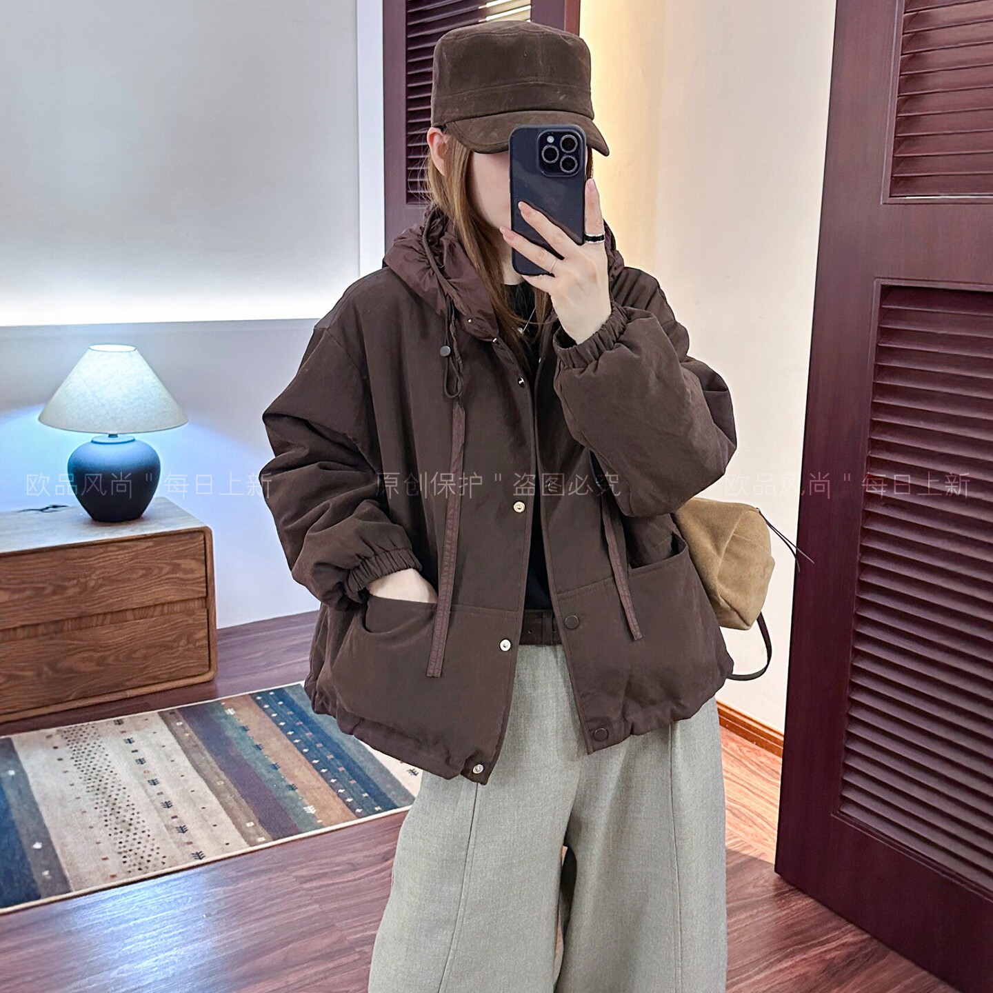 抽绳连帽加棉冲锋衣外套女欧洲站