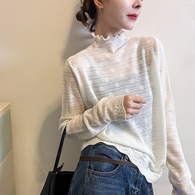 木耳边高领蕾丝羊毛针织衫女欧货