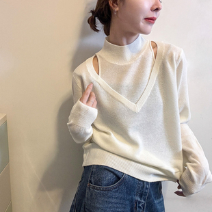 毛衣打底衫 假两件高领羊毛针织衫 欧货女装 新款 潮 女欧洲站2025冬装