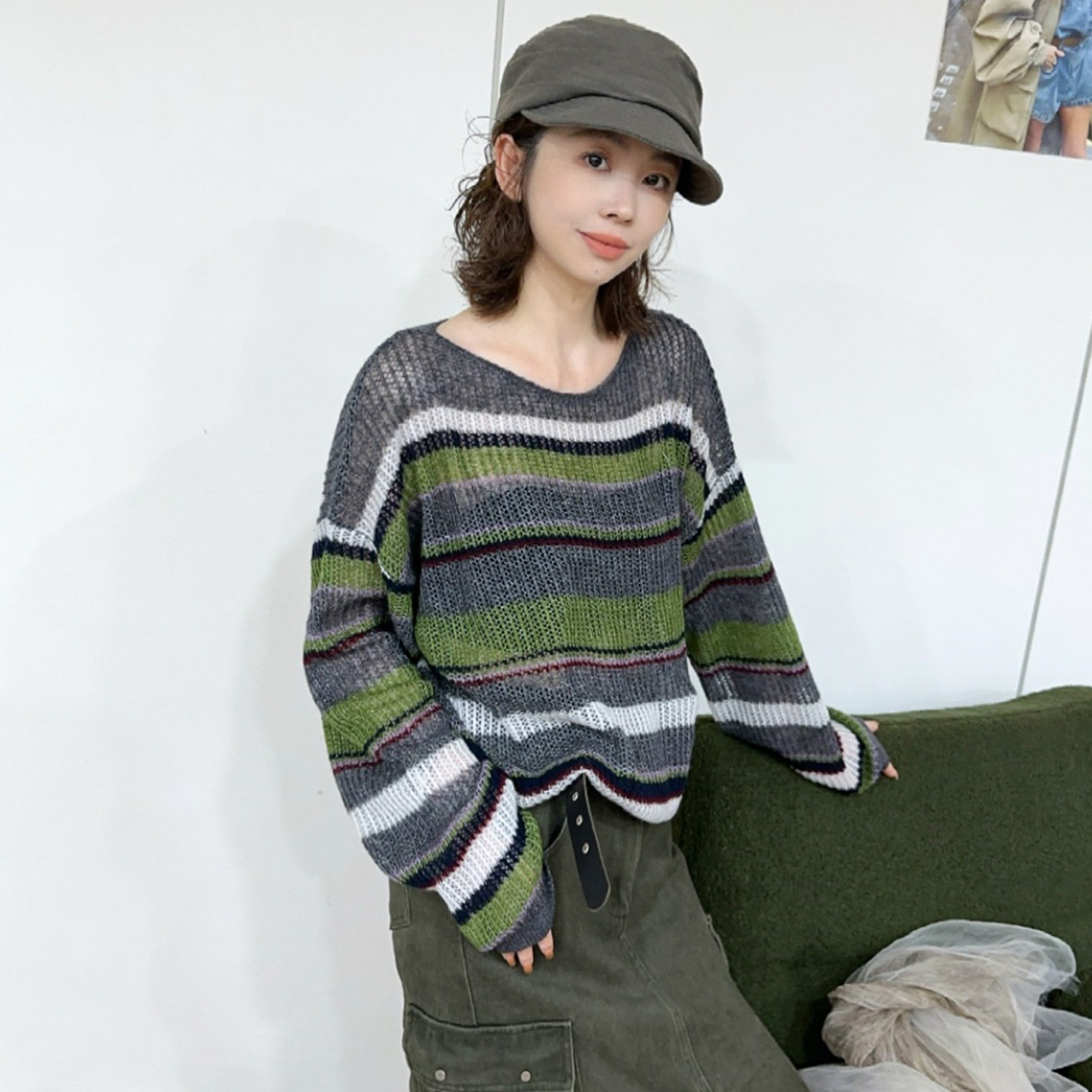镂空钩花条纹羊绒针织衫女欧洲站