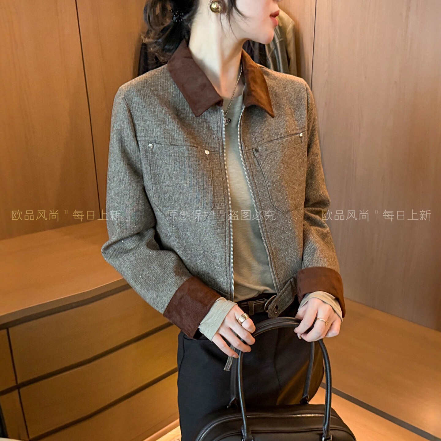撞色翻领羊毛呢棒球服外套女欧货