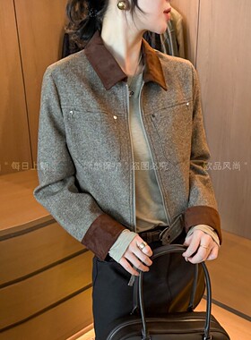 撞色翻领羊毛呢棒球服外套女欧货