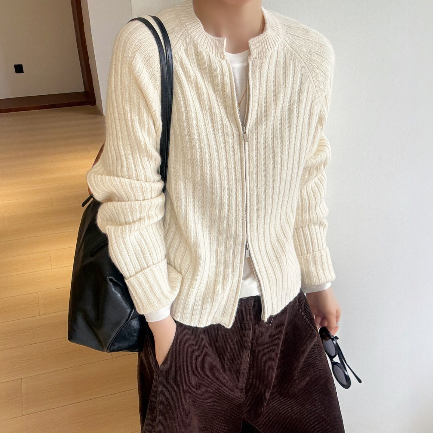 复古坑条羊毛针织开衫女欧货上衣