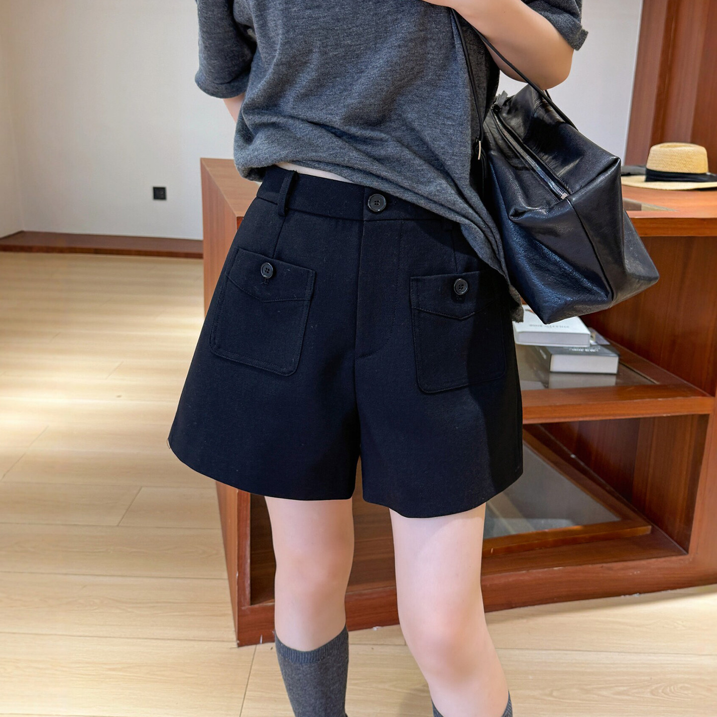 双口袋西装阔腿短裤女欧货休闲裤