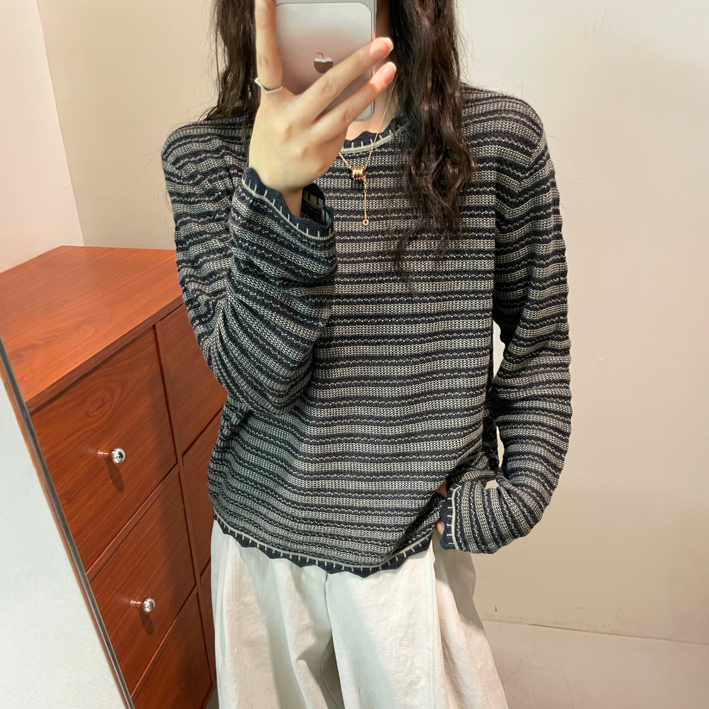 木耳边条纹细羊毛针织衫女欧洲站
