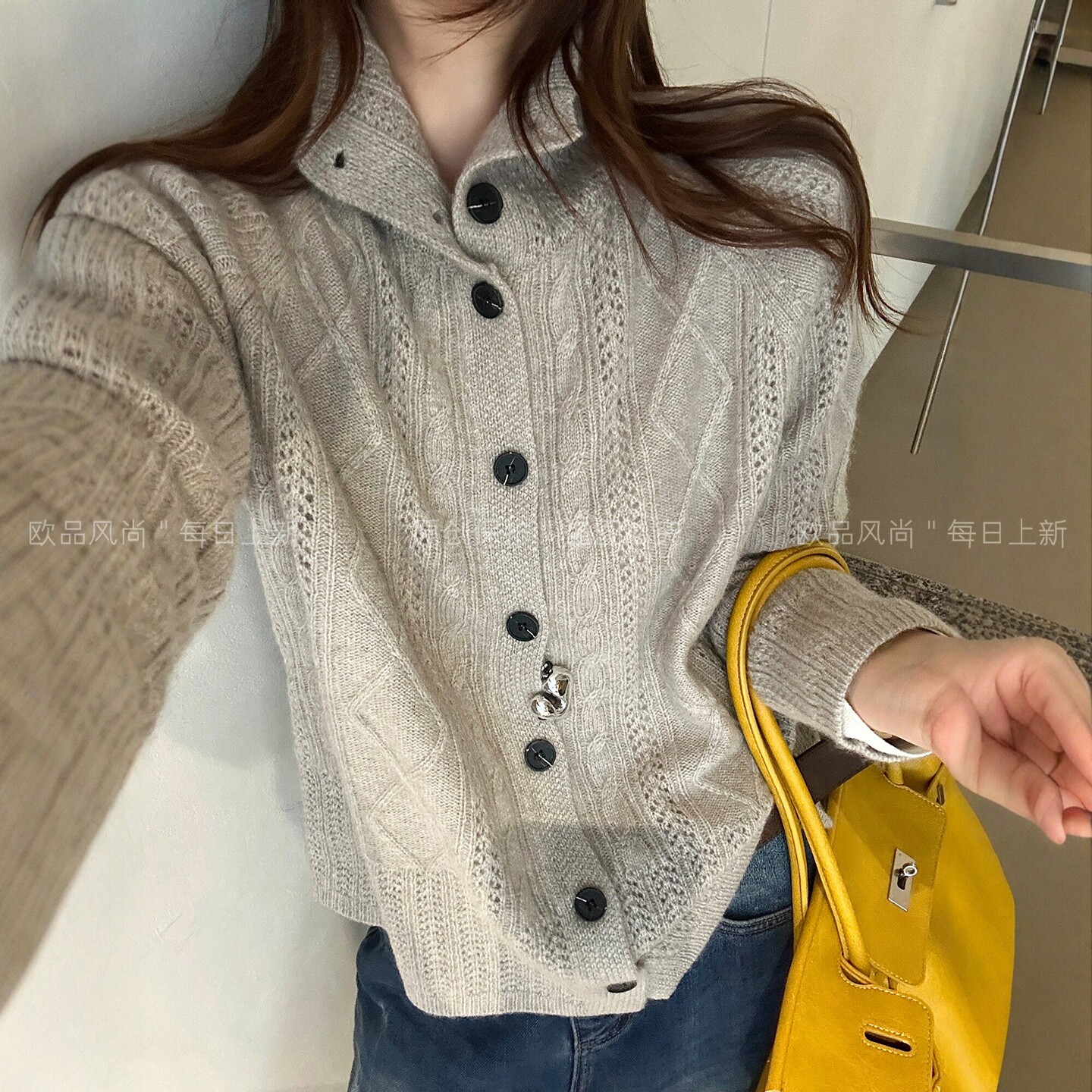 菱形格麻花高领羊毛针织开衫女欧洲站2026秋季新款欧货女装打底衫