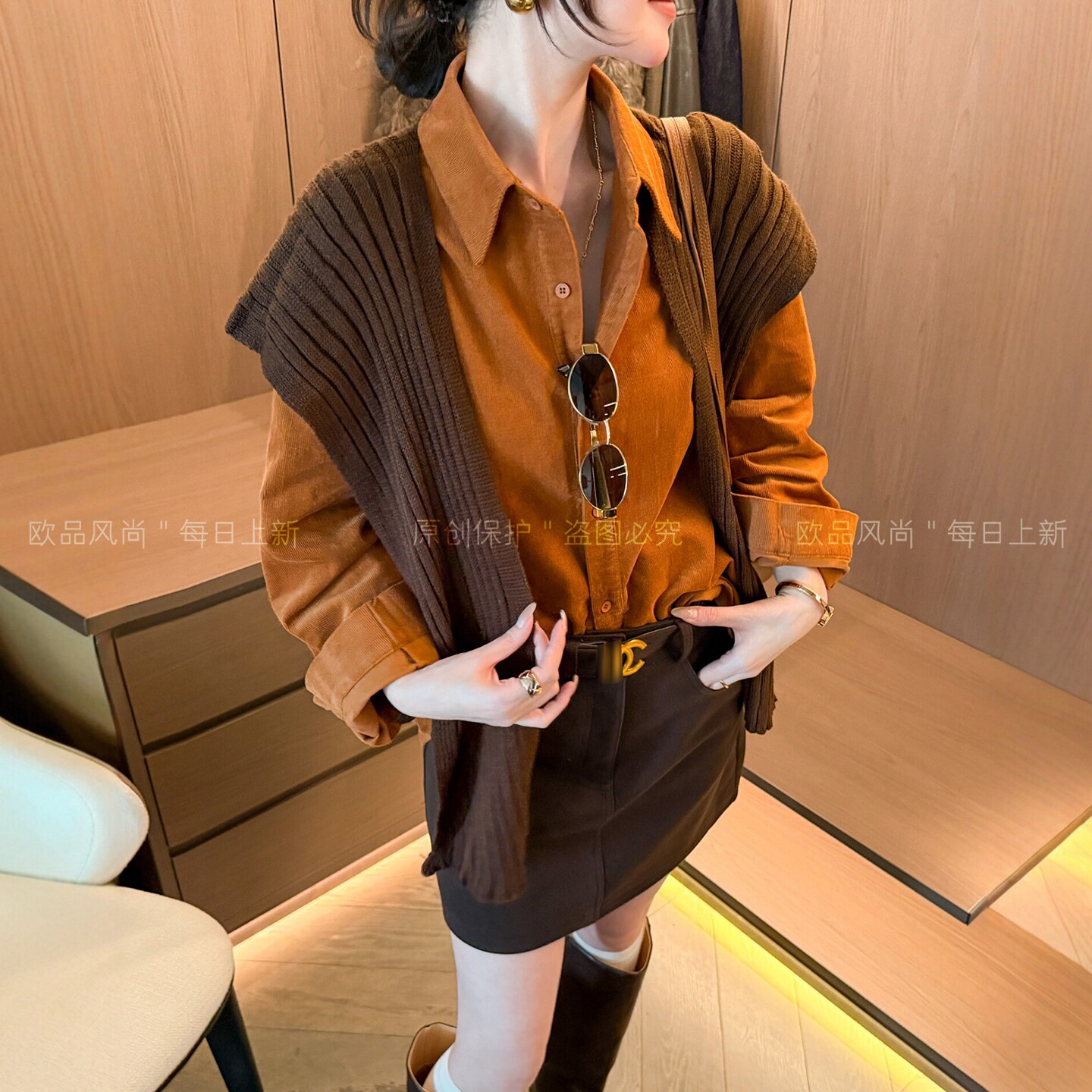 配披肩POLO领灯芯绒衬衫女欧洲站