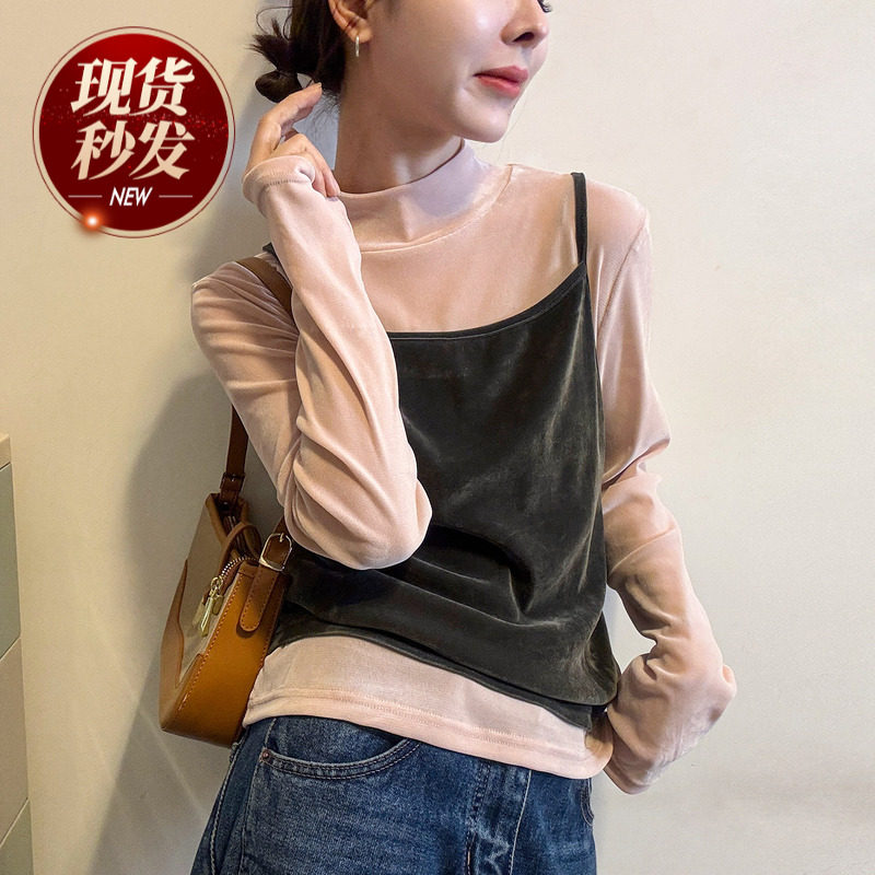 金丝绒吊带背心T恤两件套装上衣女欧洲站2025冬装新款欧货女装潮,女装/女士精品,T恤,淘宝优惠券,粉丝福利购,淘宝优惠卷