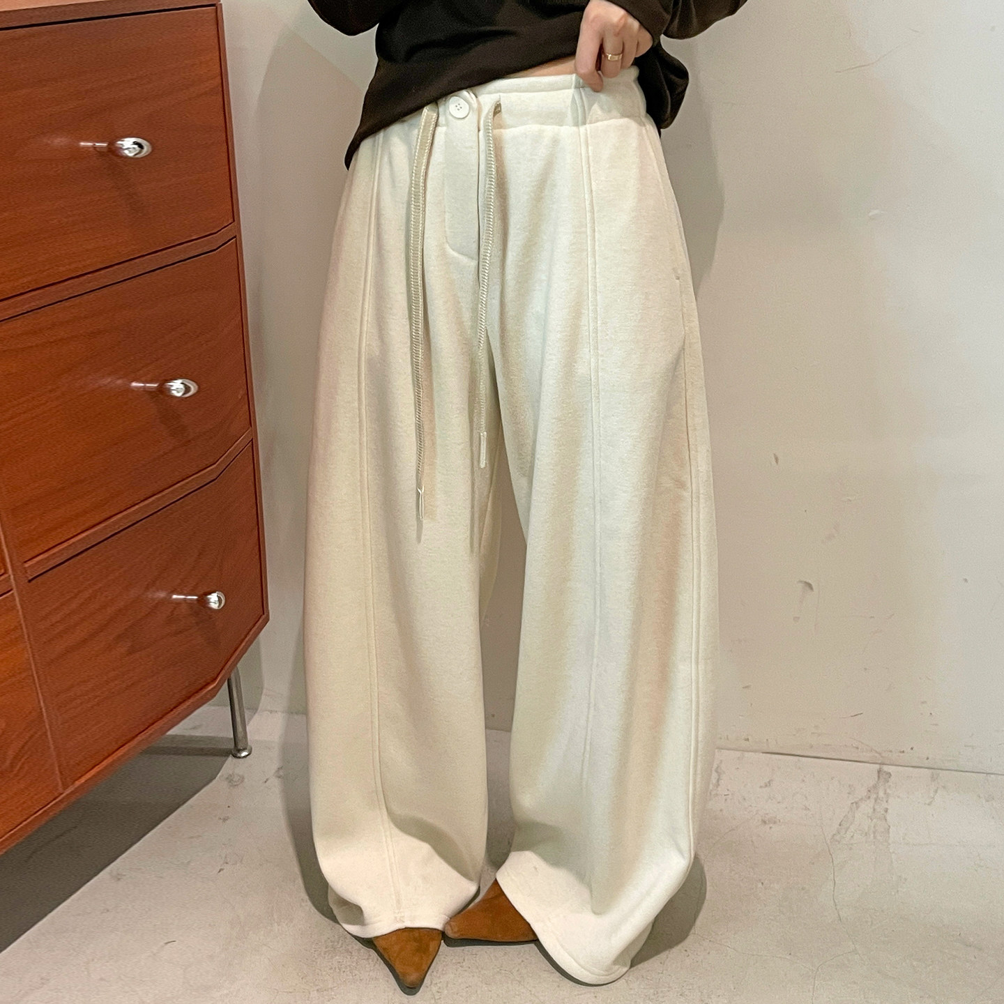 抽绳拖地羊毛呢加绒阔腿裤女欧货