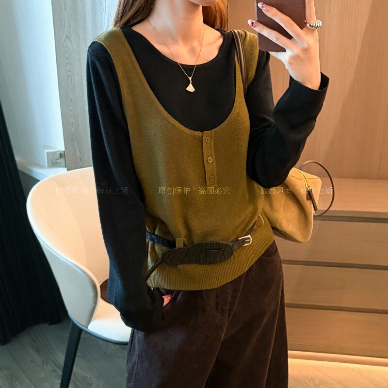 假两件吊带羊毛针织衫女欧洲站潮