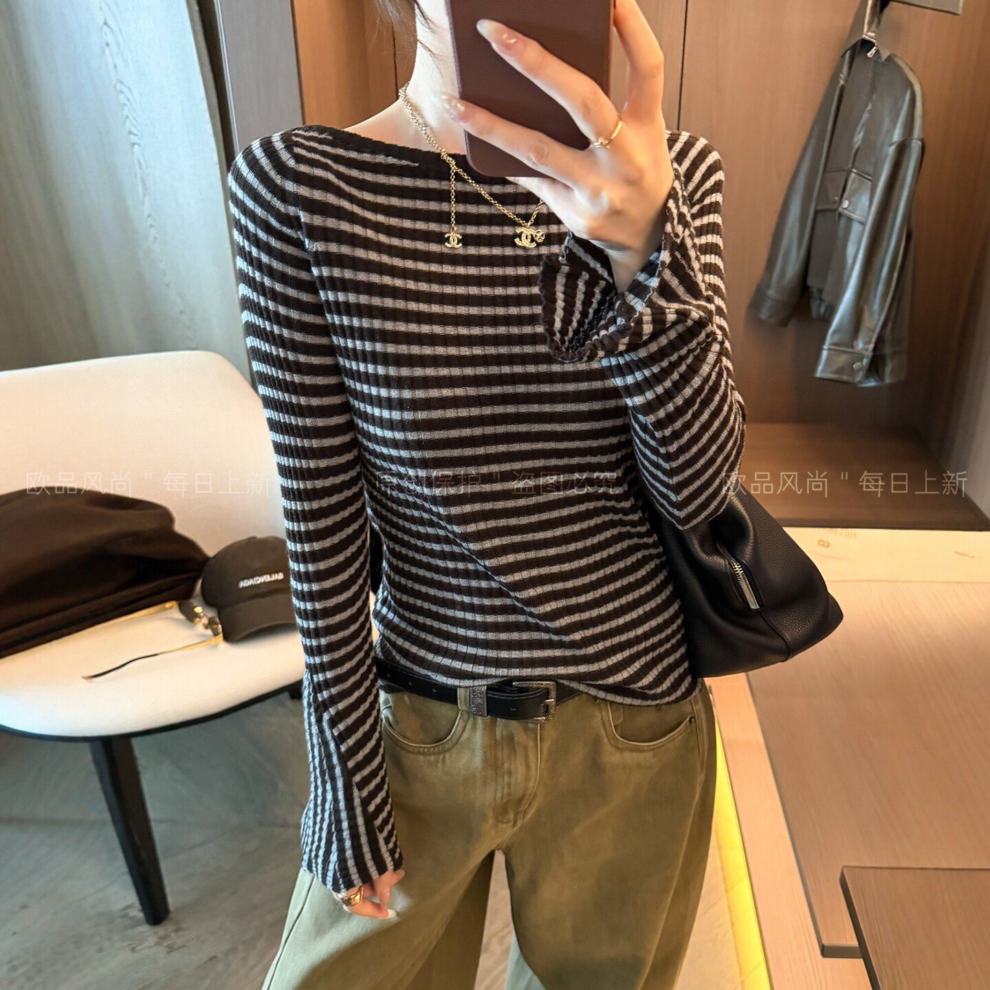 条纹喇叭袖绵羊毛针织衫女欧洲站