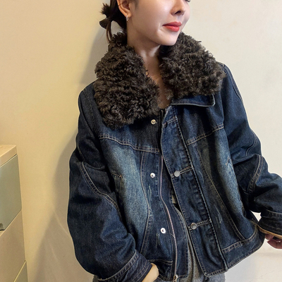 羊卷毛领牛仔羽绒服外套女欧洲站