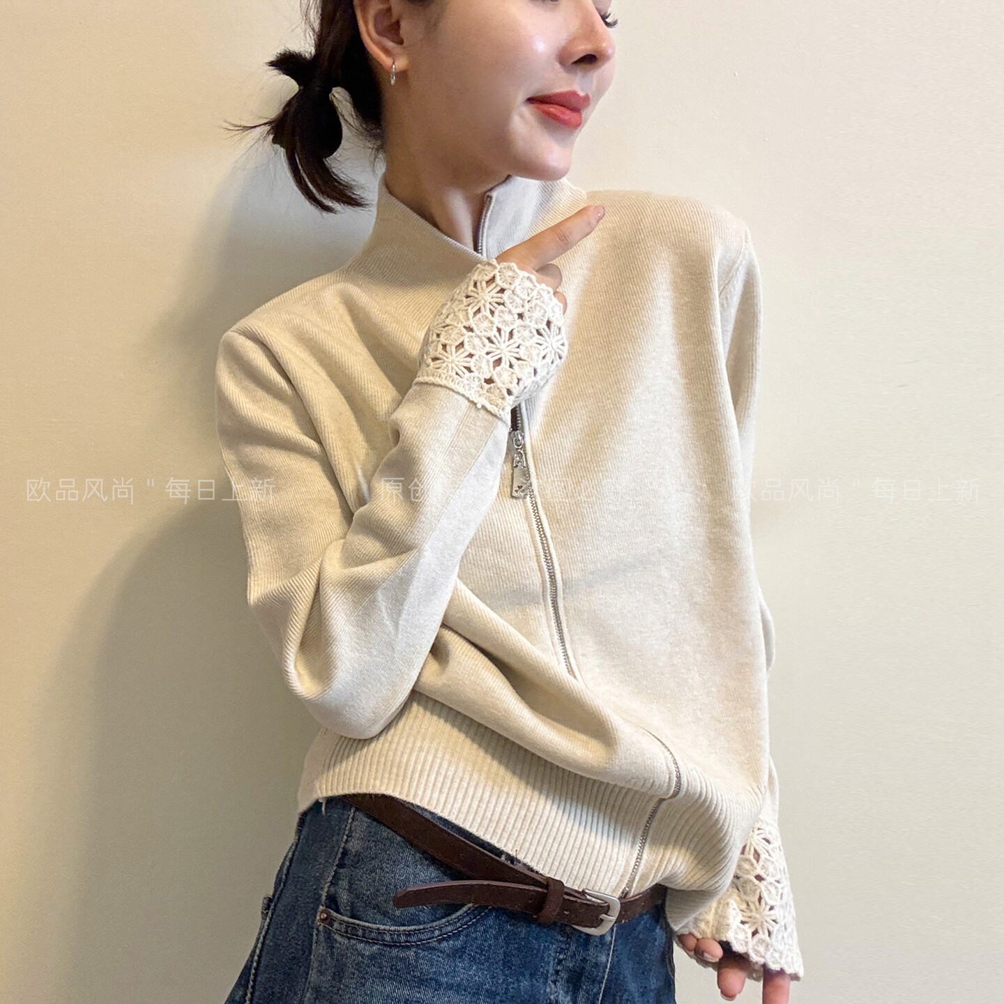 小半高领羊毛针织开衫女欧货毛衣