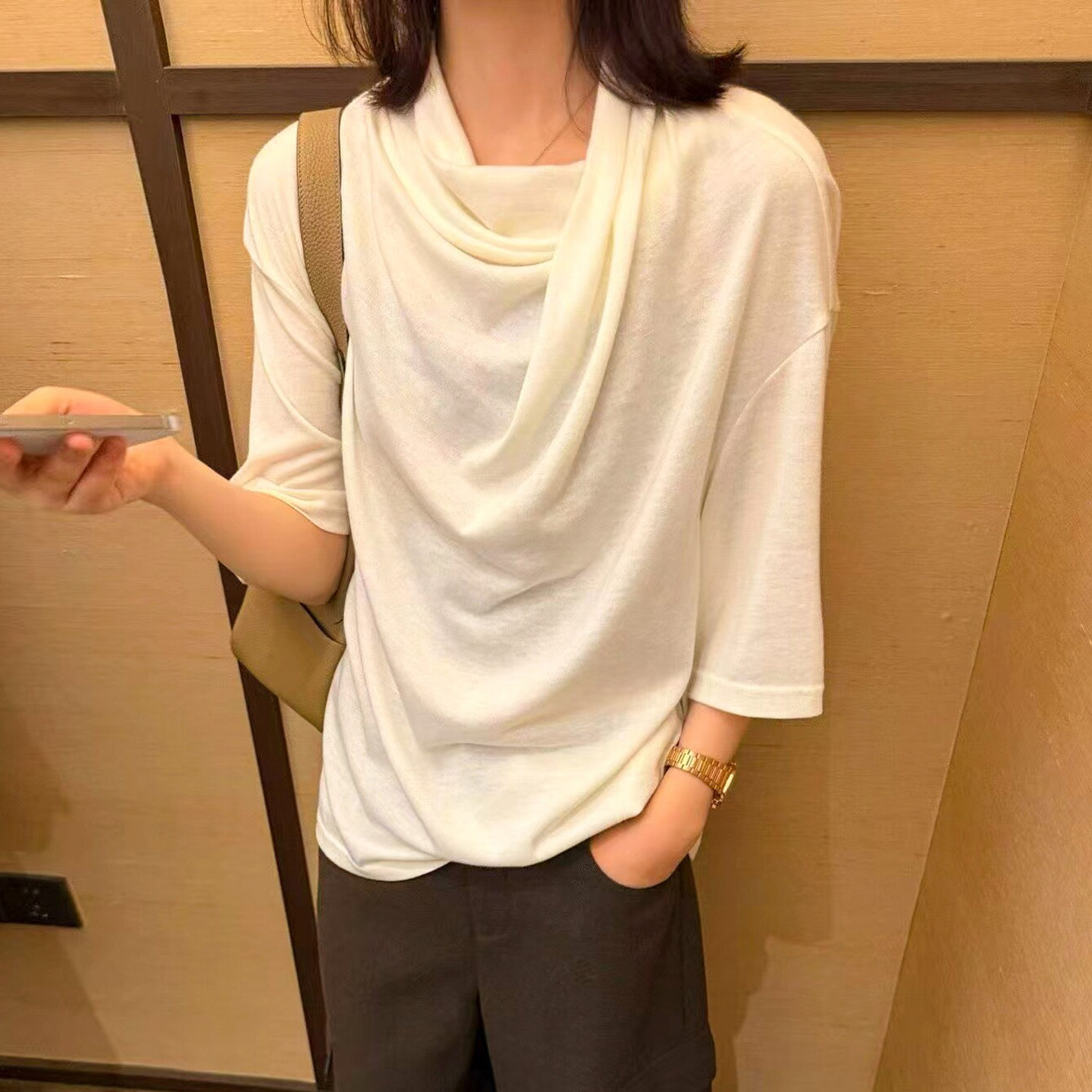 设计感荡领羊毛中袖T恤女欧洲站