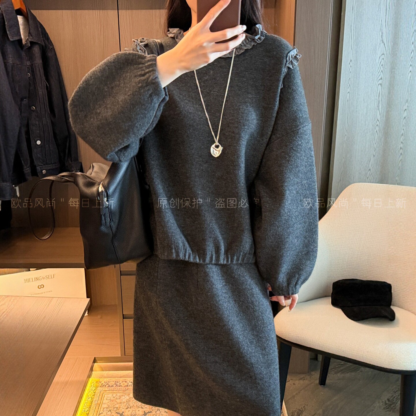 木耳边灯笼袖绵羊毛针织衫女欧货