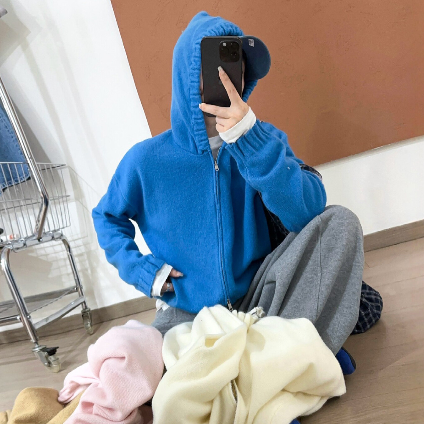 木耳边连帽羊绒针织开衫女欧洲站