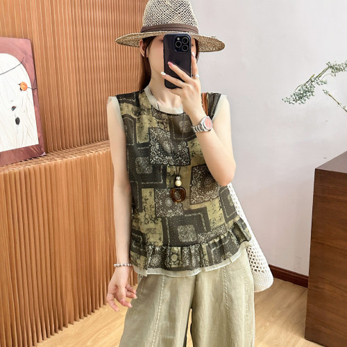 复古印花网纱拼接衬衫女欧货上衣