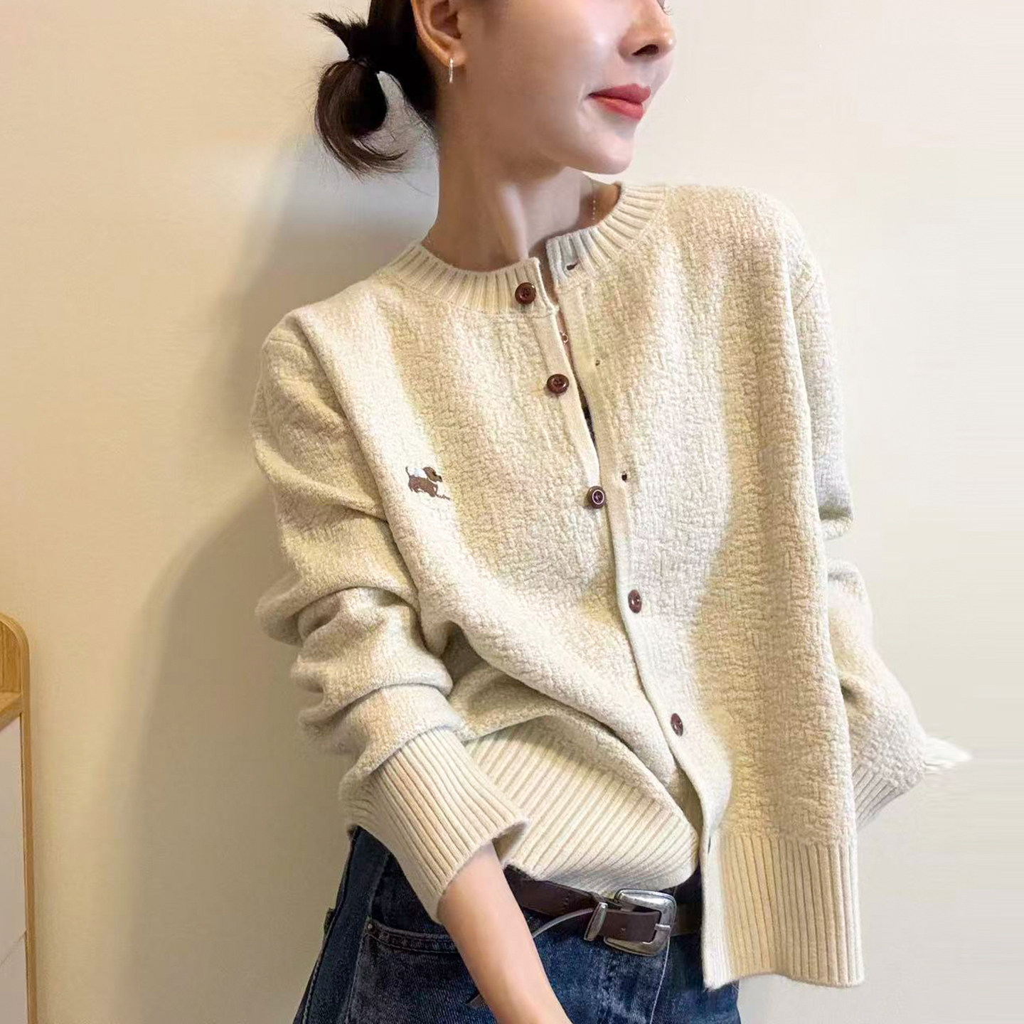 小狗刺绣羊毛针织开衫女欧货外套