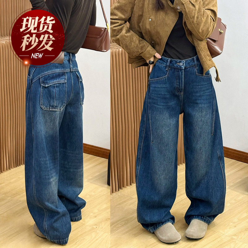 立体剪裁弯刀加绒牛仔裤女欧洲站2025冬装新款欧货女装直筒裤子潮