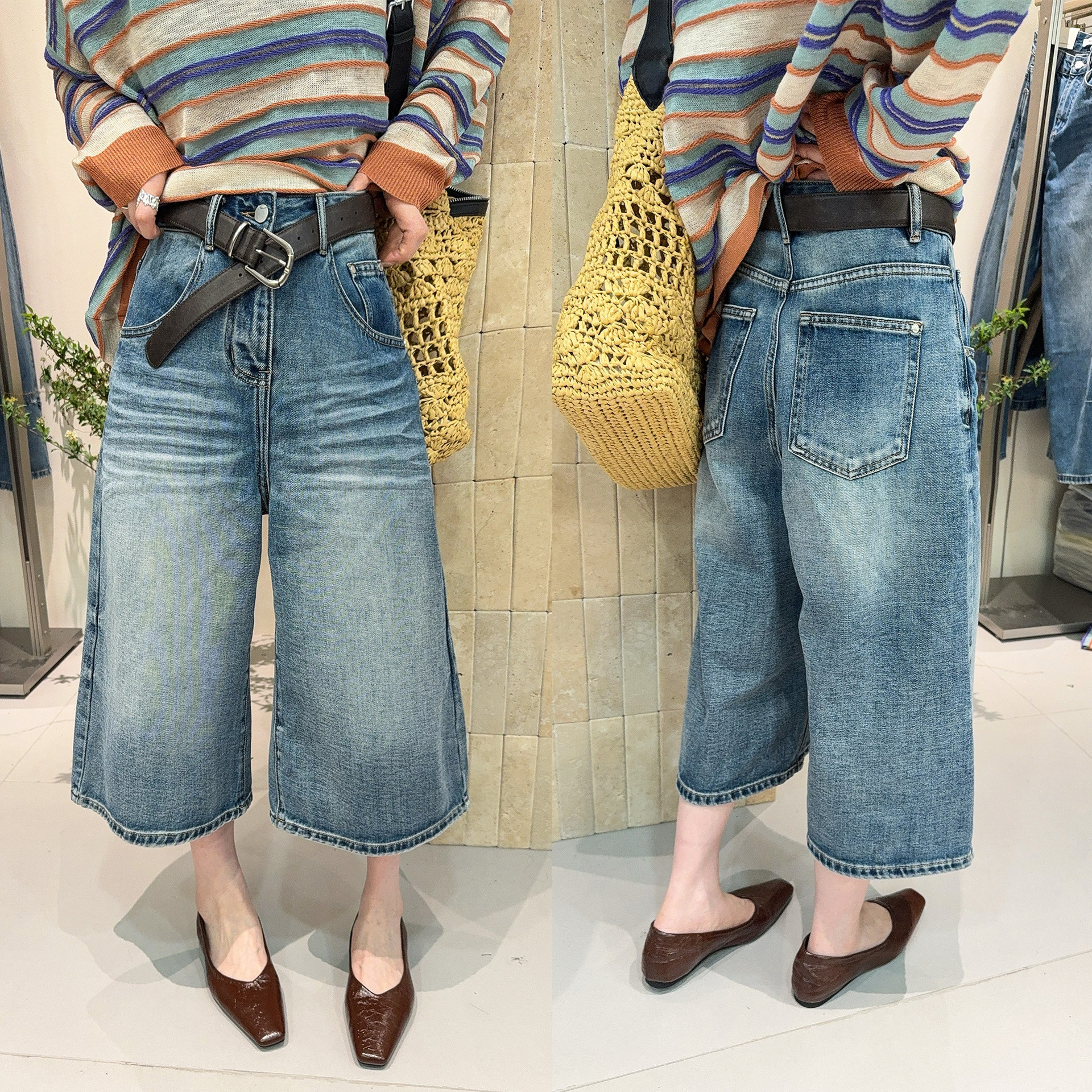 复古做旧七分阔腿牛仔裤女欧洲站2026春装新款欧货女装五分中裤潮