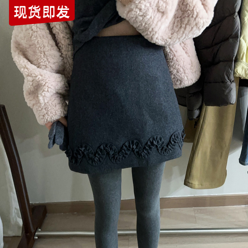 木耳边羊毛呢A字半身裙女欧洲站