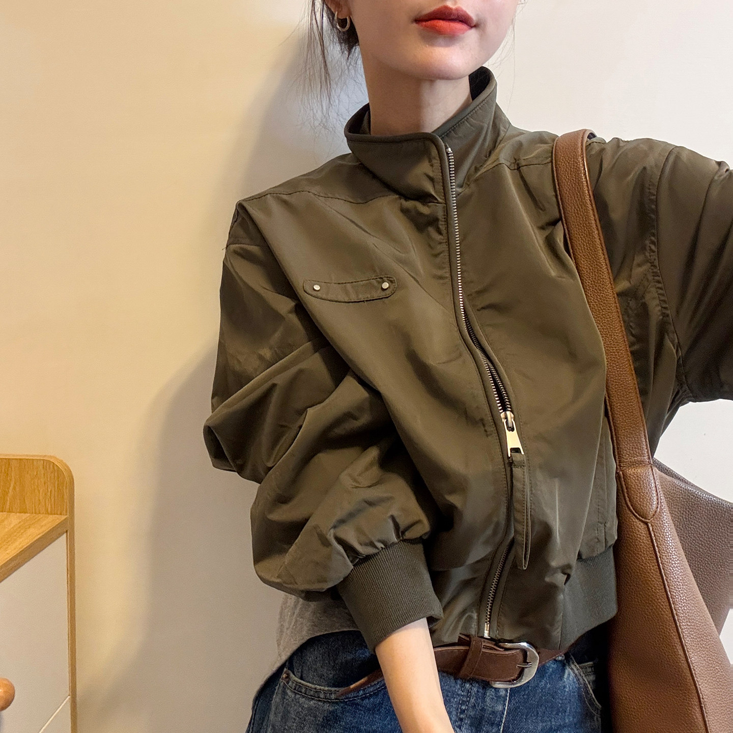 复古立领棒球服开衫外套女欧洲站