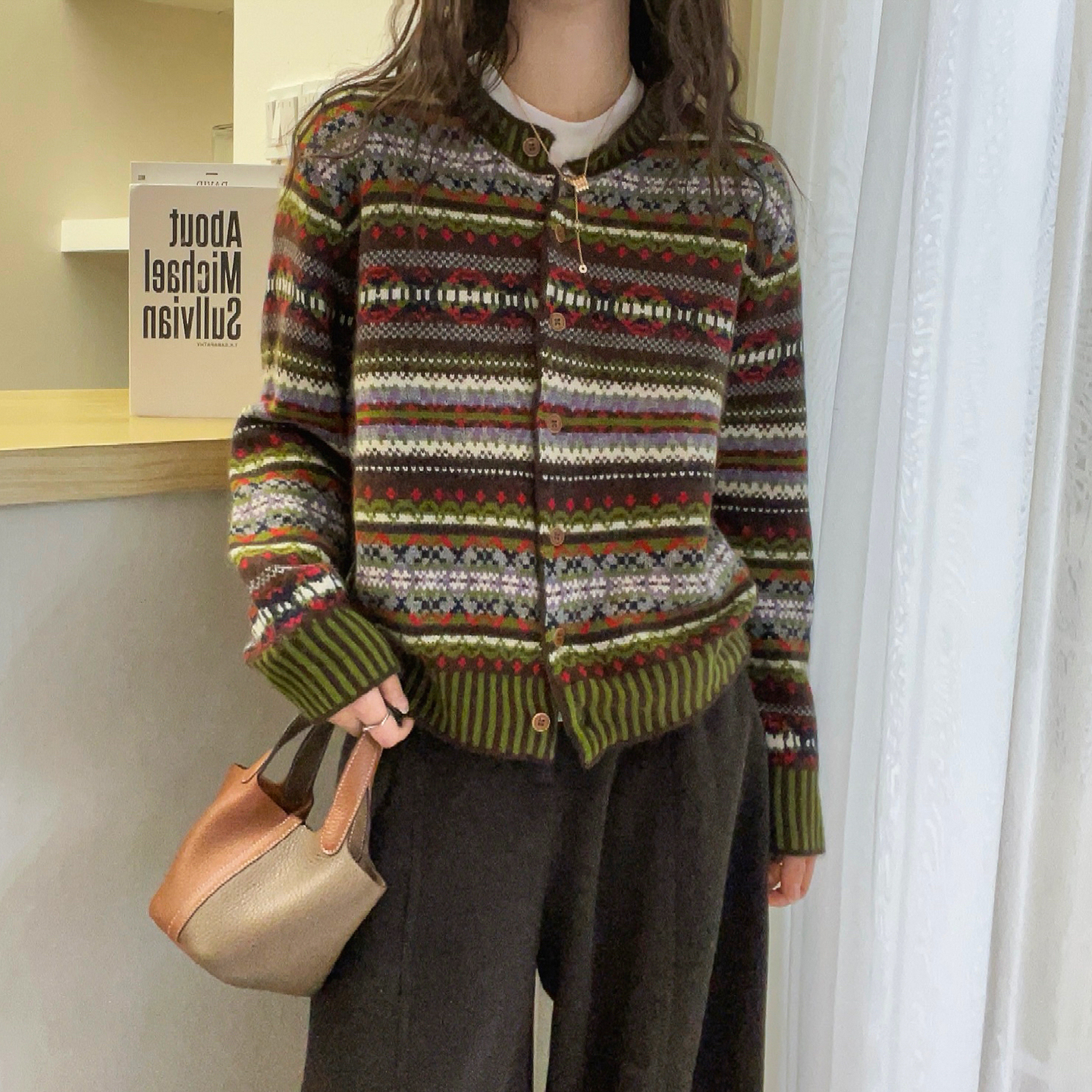 费尔岛提花羊绒针织开衫女欧洲站