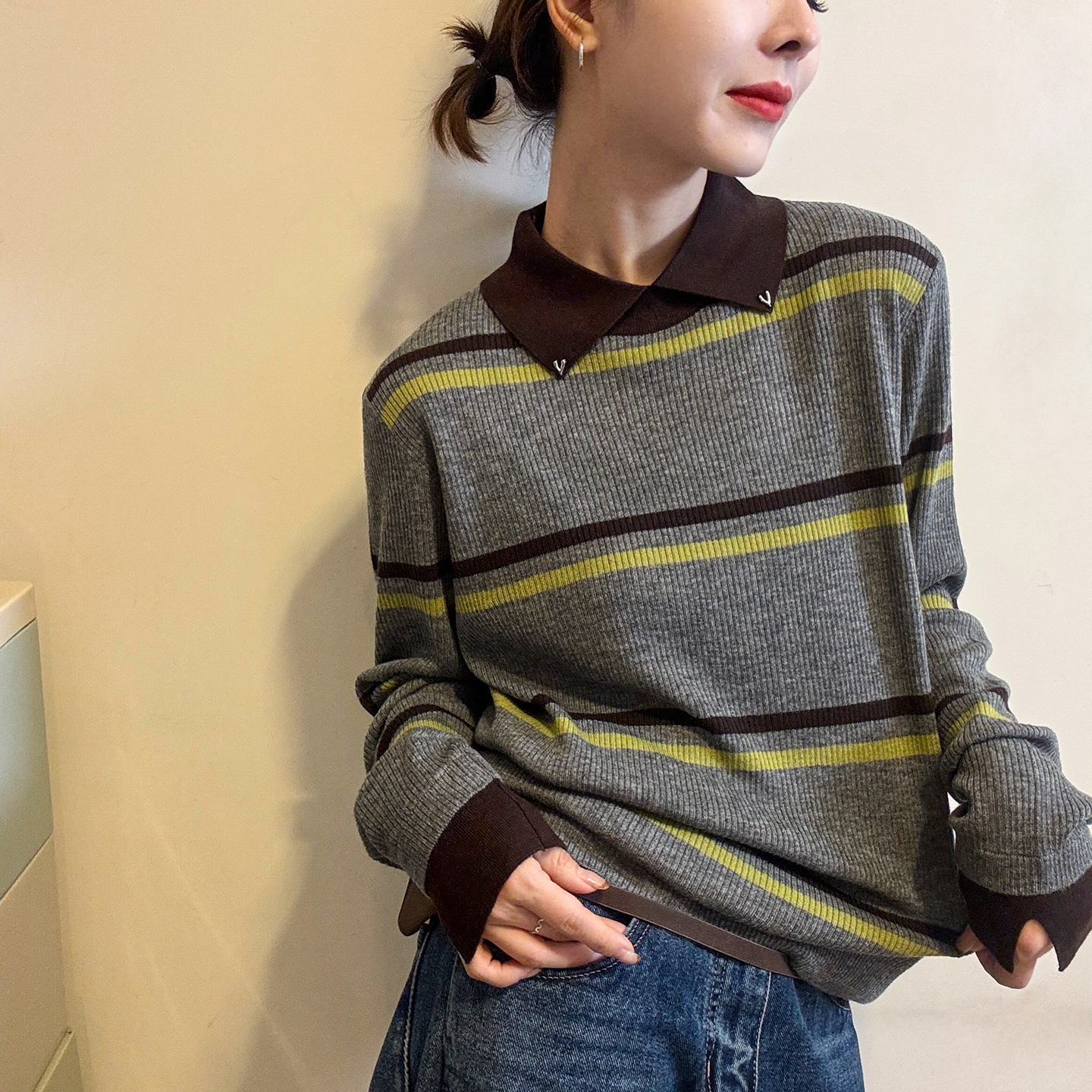 撞色条纹翻领羊毛针织衫女欧洲站