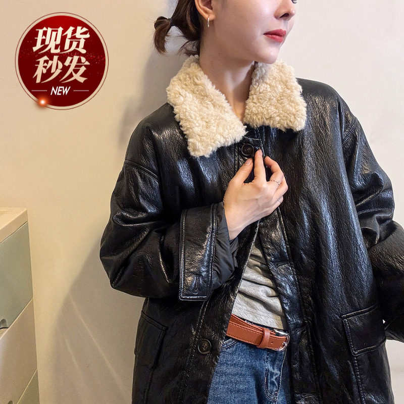 羊羔毛领蛋白PU皮羽绒服女欧洲站2025冬装新款欧货女装加厚外套潮