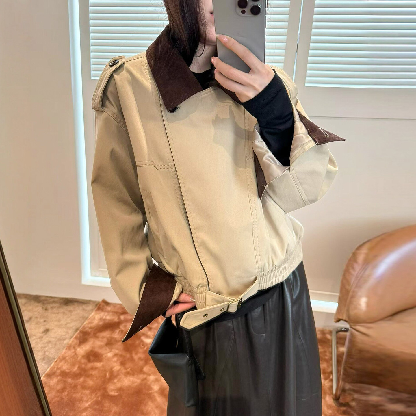 英伦风翻领短款风衣外套女欧洲站