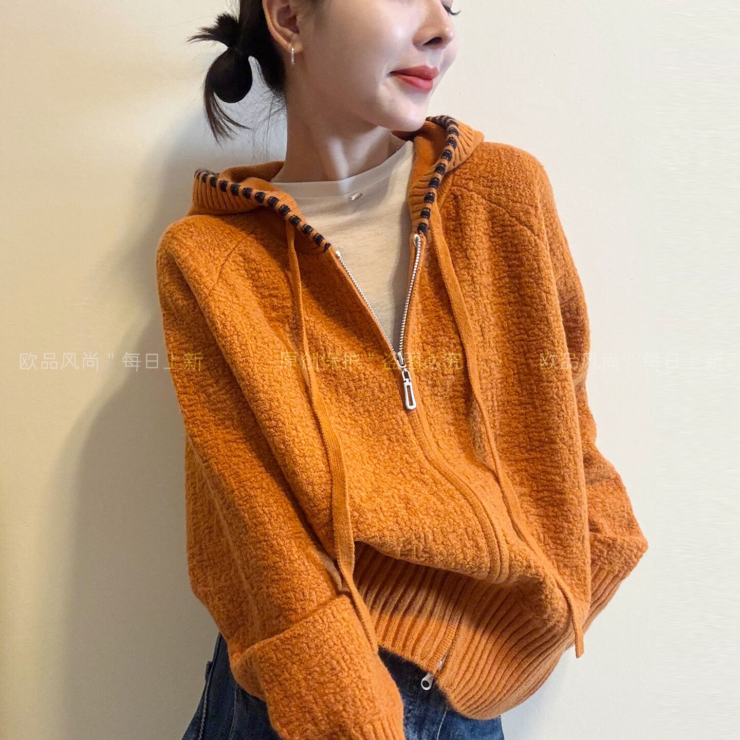 抽绳连帽圈圈羊毛针织开衫女欧货