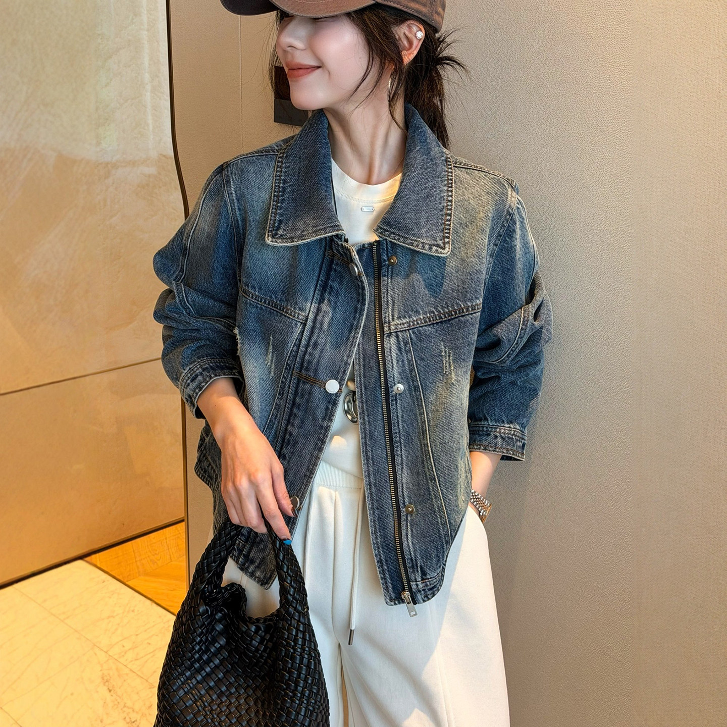 复古做旧翻领牛仔外套女欧洲站2026春装新款欧货女装短款牛仔衣潮