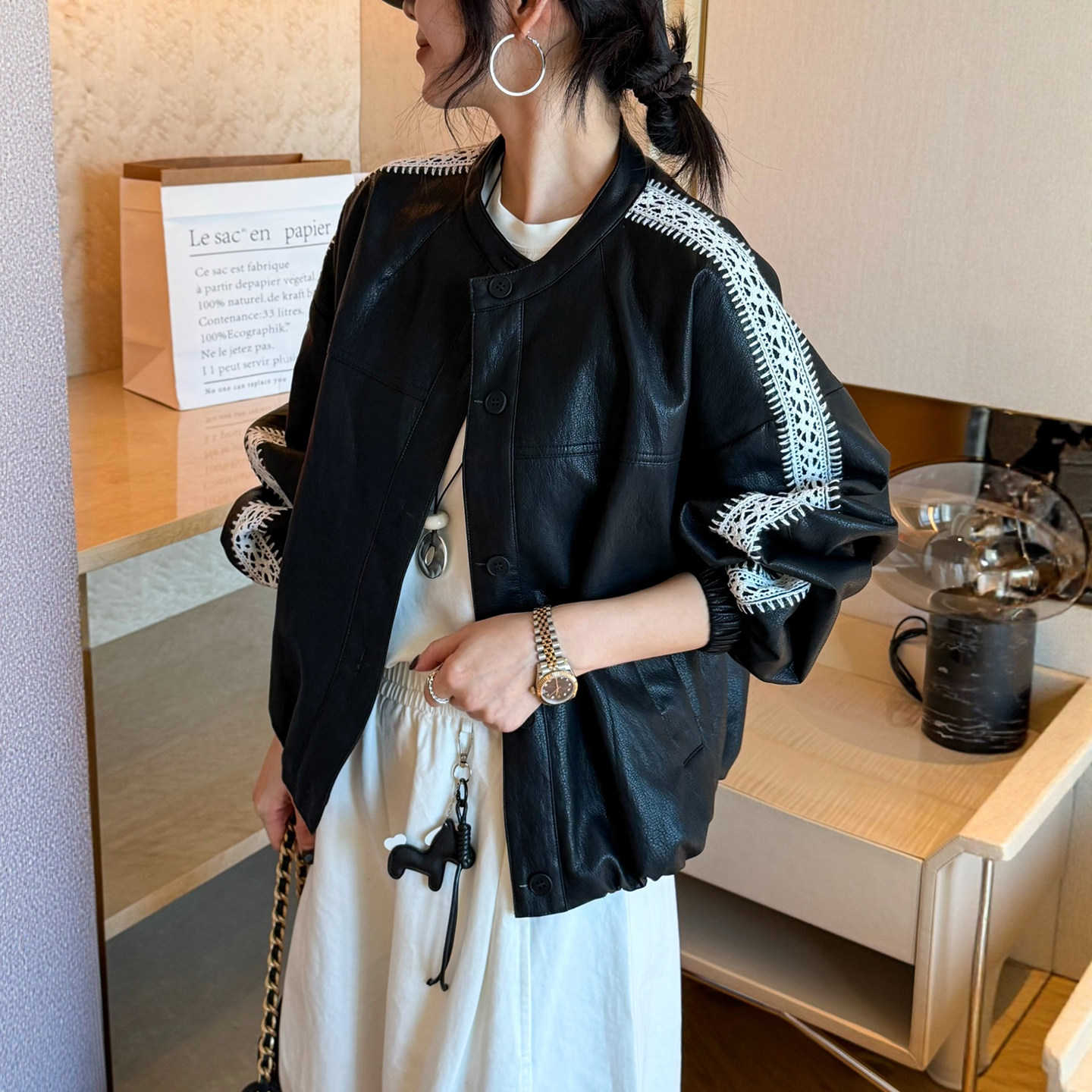 蕾丝拼接蛋白皮PU皮衣外套女欧洲站2026春装新款欧货女装棒球服潮