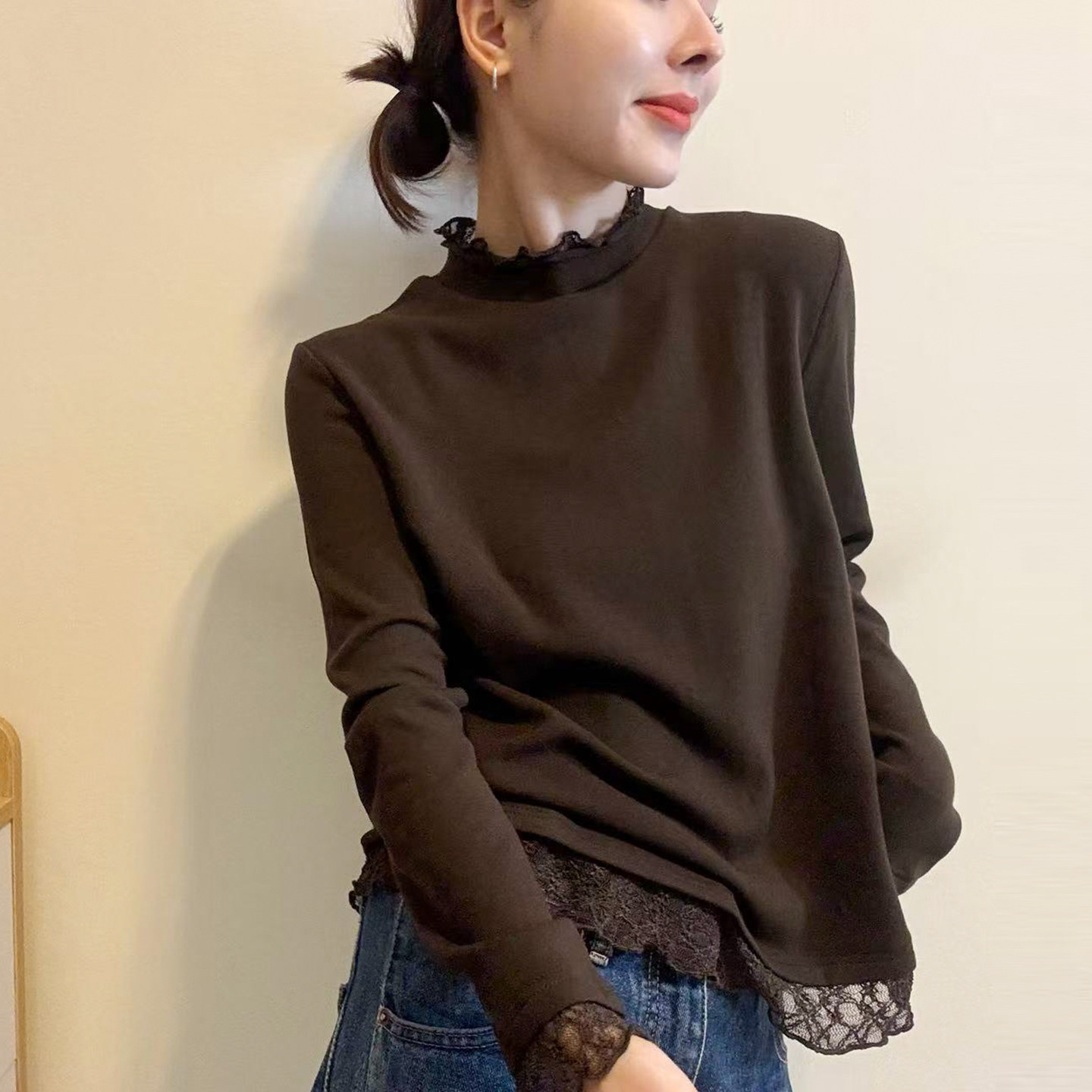 下摆蕾丝磨毛加绒长袖T恤女欧货